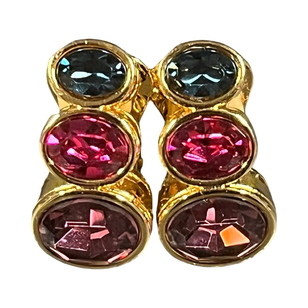 Nolan Miller Gold Tone Multi Color Crystal Oval Clip On‎ Earrings Vintage Style